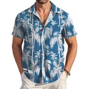 Men's Blue Casual Button Down Shirts Short Sleeve Textured Summer Beach Shirt